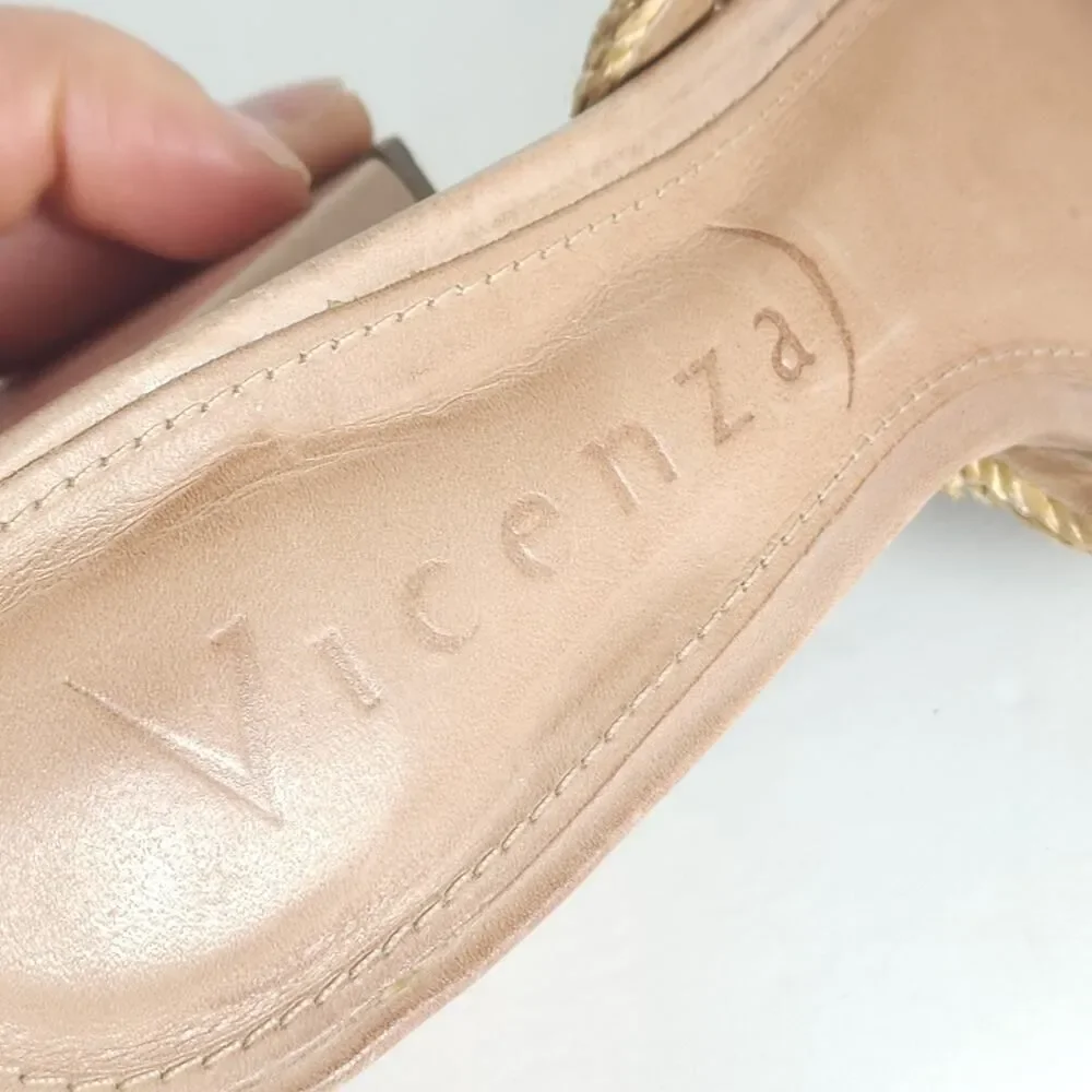 Vicenza Anthropologie Women's US6 Tan Woven Raffia Block Heel Slide Sandals